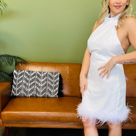 SHEIN BAE Fuzzy Trim Halter Neck Dress White - Picture 11 of 11